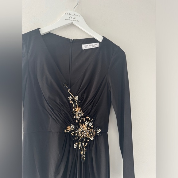 MAC DUGGAL Black Faux Wrap Long Sleeve Gown with Appliqué Detail 2 - Picture 6 of 8